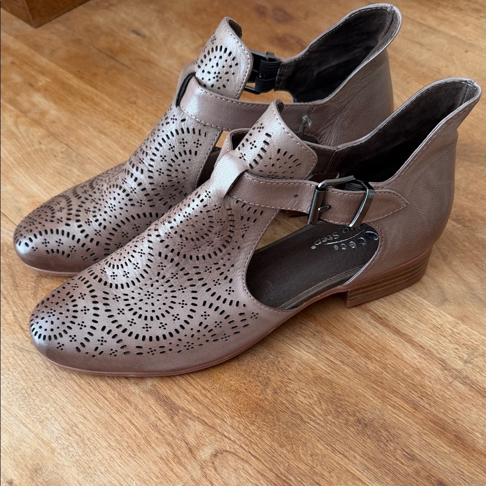Women's Spring Step Taupe Laser-Cut Ankle Booties